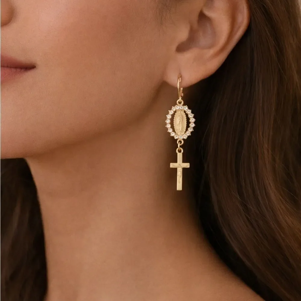 Virgin Mary Cross Drop Earrings A1735